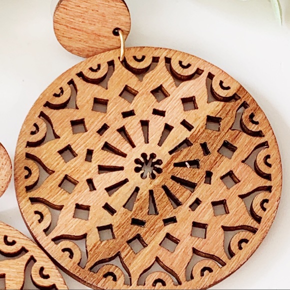 Wood Mandala Round Statement Earrings - Picture 4 of 7